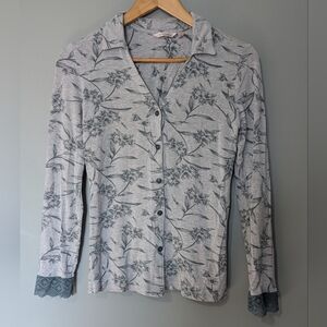 La Vie En Rose Bamboo‎ With Lace Detail  Botanical Button Down Shirt Womens XS